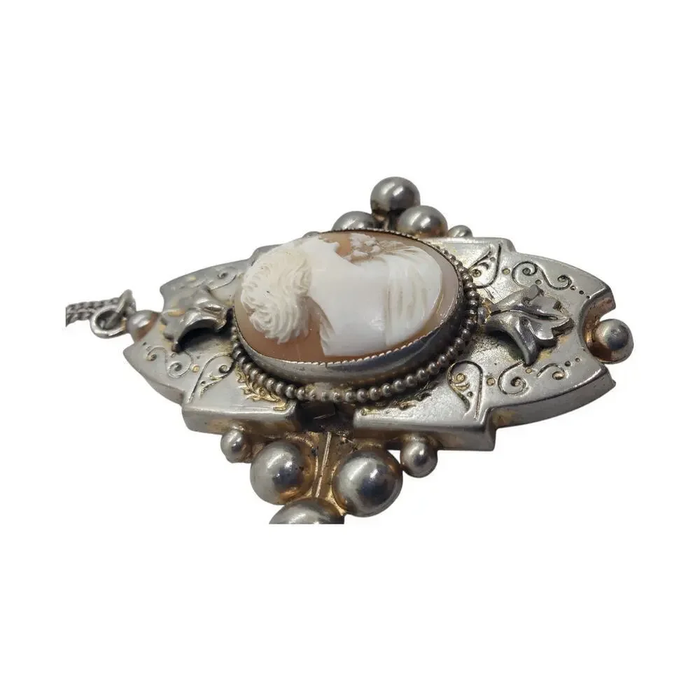 Vintage Cameo Pendant Necklace Silver Tone Ornate Art Deco Intaglio Large